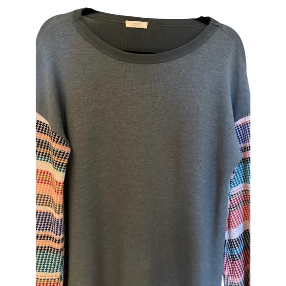 Oddy Boho Shirt Colorful Striped knit Flare Sleeves Army Green Womens Medium - Picture 4 of 4